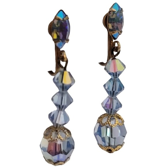 Blue AB Prong Set Navette Bead Dangle Clip-On Earrings E311 - Picture 5 of 8